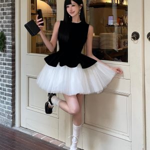 Velvet Spliced Ballet Skirt and Mesh Sleeveless Vest Dress - Princess Style Puff Skirt, Y2K Fashion, 90s Inspired