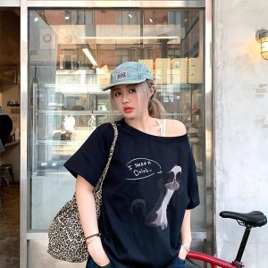 Versatile Black Short Sleeve T-Shirt with Dog Print for Women - Loose Slim Fit, Spring Fashion Essentials, Y2K Style