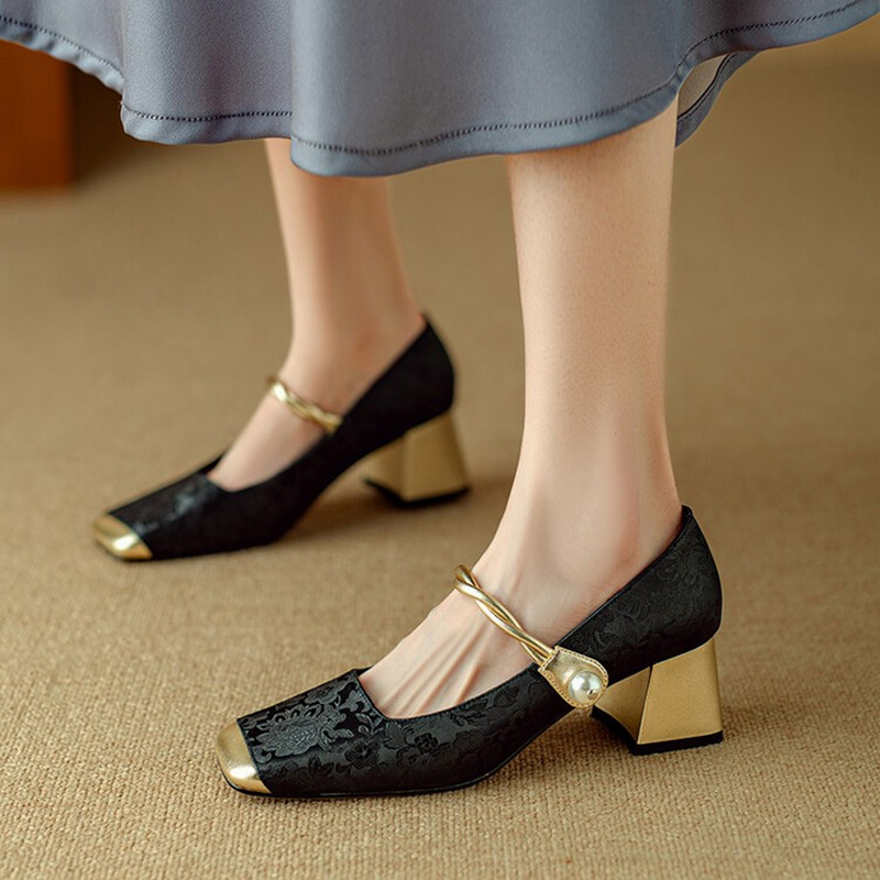 Versatile Italian Mary Jane High Heels for Women - National Wind Han Element, Square Toe, Shallow Mouth, Chic Style