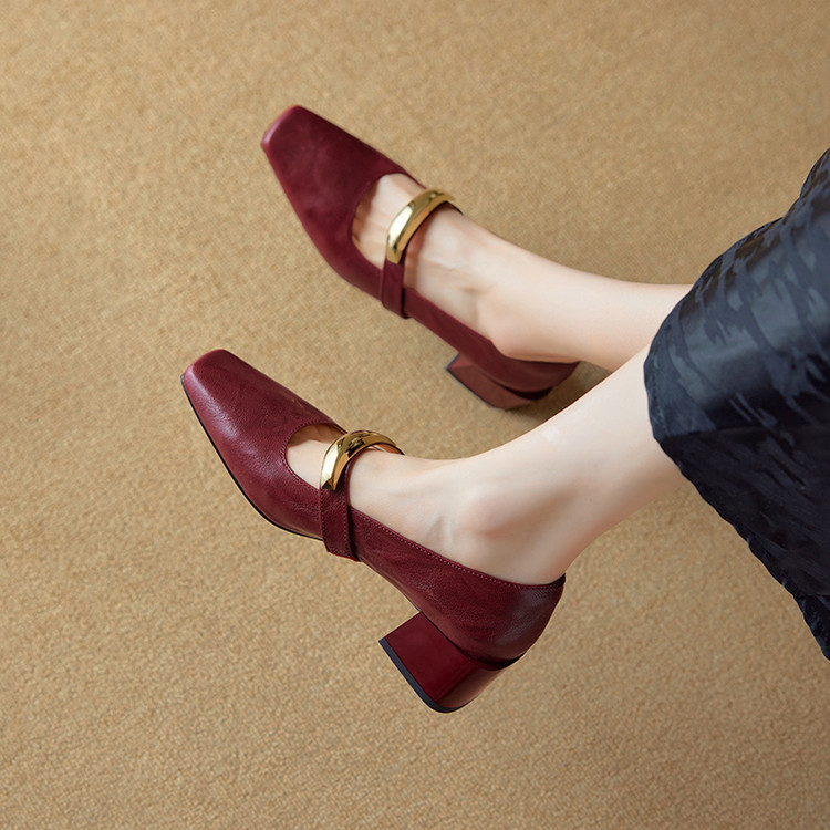 Versatile Italian One-Strap Mary Jane Shoes for Women – Genuine Leather, Square Toe, High Heels, Trendy Fashion Footwear