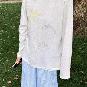 Versatile Long-Sleeve Dolphin Cartoon Print Sun Protection Cover-Up - Slightly Sheer Snowflake Cotton, Casual Korean Style for Women