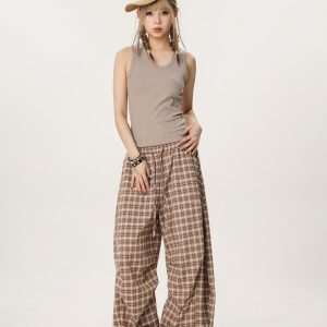 Versatile Plaid Pleated Wide-Leg Pants for Men and Women - Casual Straight Loose Draped Style, Perfect for 90s and Y2K Fashion