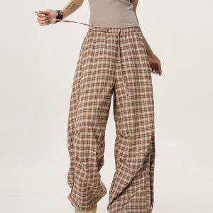 Versatile Plaid Pleated Wide-Leg Pants for Men and Women - Casual Straight Loose Draped Style, Perfect for 90s and Y2K Fashion