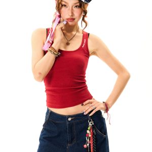 Versatile Red Camisole for Women - Vintage Slim Fit Summer Top - Basic Essential Fashion Piece