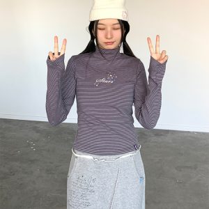 Versatile Striped High Neck Long Sleeve T-Shirt for Women - Autumn Winter Fashion Essential, Cozy Layering Top