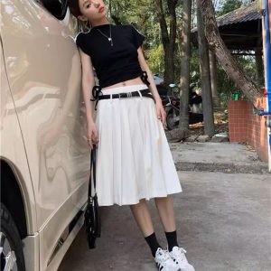 Versatile White High-Waisted Pleated A-Line Skirt for Women - Plus Size Mid-Length JK Style Over-the-Knee Half Skirt