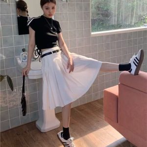 Versatile White High-Waisted Pleated A-Line Skirt for Women - Plus Size Mid-Length JK Style Over-the-Knee Half Skirt