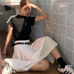 Versatile White High-Waisted Pleated A-Line Skirt for Women - Plus Size Mid-Length JK Style Over-the-Knee Half Skirt