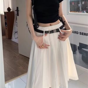 Versatile White High-Waisted Pleated A-Line Skirt for Women - Plus Size Mid-Length JK Style Over-the-Knee Half Skirt