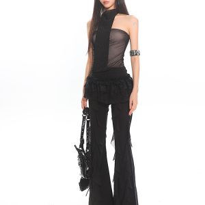 Vietnam-Style Rhinestone-Embellished Halter Top for Women - Summer Fake Two-Piece, Slimming Mesh Design