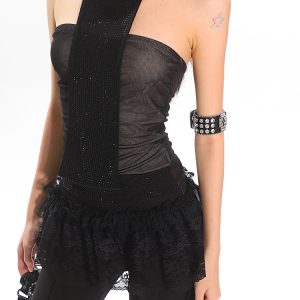 Vietnam-Style Rhinestone-Embellished Halter Top for Women - Summer Fake Two-Piece, Slimming Mesh Design