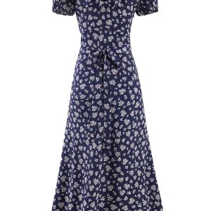 Vintage 2025 Summer V-Neck Floral Dress for Women - Blue Vacation Style, Age-Reducing Look, Perfect for 90s and Y2K Fashion