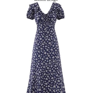 Vintage 2025 Summer V-Neck Floral Dress for Women - Blue Vacation Style, Age-Reducing Look, Perfect for 90s and Y2K Fashion