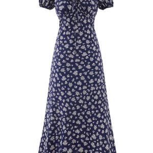 Vintage 2025 Summer V-Neck Floral Dress for Women - Blue Vacation Style, Age-Reducing Look, Perfect for 90s and Y2K Fashion