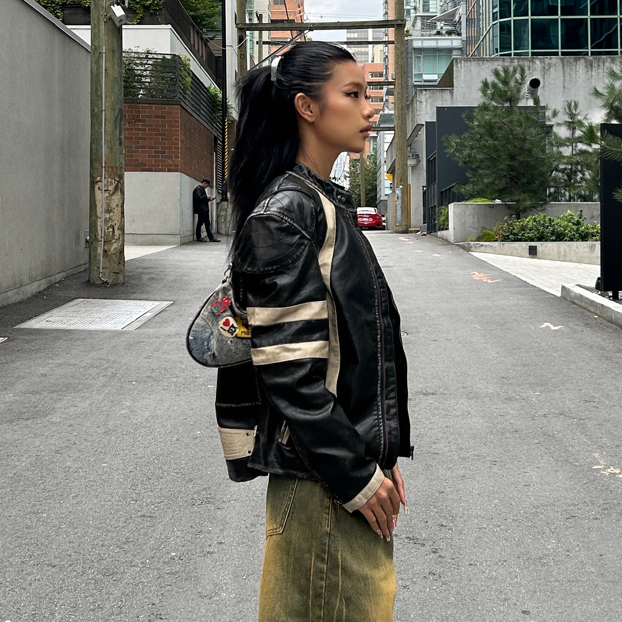 Vintage 90s Distressed Cotton-Padded Motorcycle Jacket - High-End Bikecore Style