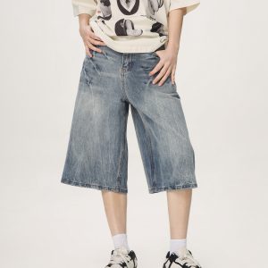 Vintage American Denim Capris for Men & Women, Water Wave Pattern, Loose Wide-Leg, Mid-Length, Street Style Fashion
