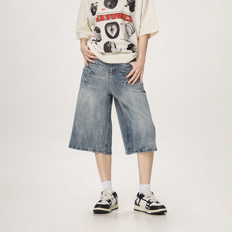 Vintage American Denim Capris for Men & Women, Water Wave Pattern, Loose Wide-Leg, Mid-Length, Street Style Fashion Vintage American Denim Capris for Men & Women, Water Wave Pattern, Loose Wide-Leg, Mid-Length, Street Style Fashion