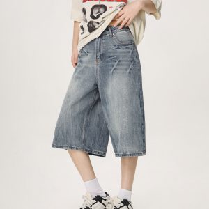 Vintage American Denim Capris for Men & Women, Water Wave Pattern, Loose Wide-Leg, Mid-Length, Street Style Fashion