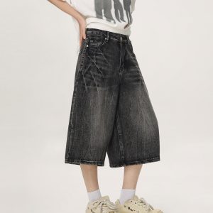 Vintage American Denim Capris for Men & Women, Water Wave Pattern, Loose Wide-Leg, Mid-Length, Street Style Fashion