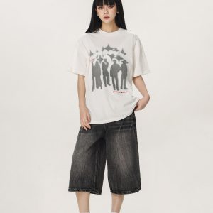 Vintage American Denim Capris for Men & Women, Water Wave Pattern, Loose Wide-Leg, Mid-Length, Street Style Fashion