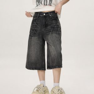 Vintage American Denim Capris for Men & Women, Water Wave Pattern, Loose Wide-Leg, Mid-Length, Street Style Fashion