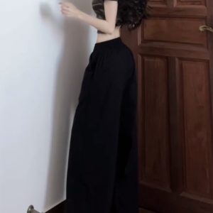 Vintage American Elastic Waist Cargo Pants for Women, Loose Straight Leg Parachute Trousers, Casual 90s Sports Style Floor-Length Pants