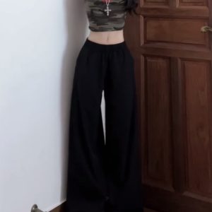 Vintage American Elastic Waist Cargo Pants for Women, Loose Straight Leg Parachute Trousers, Casual 90s Sports Style Floor-Length Pants