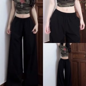 Vintage American Elastic Waist Cargo Pants for Women, Loose Straight Leg Parachute Trousers, Casual 90s Sports Style Floor-Length Pants