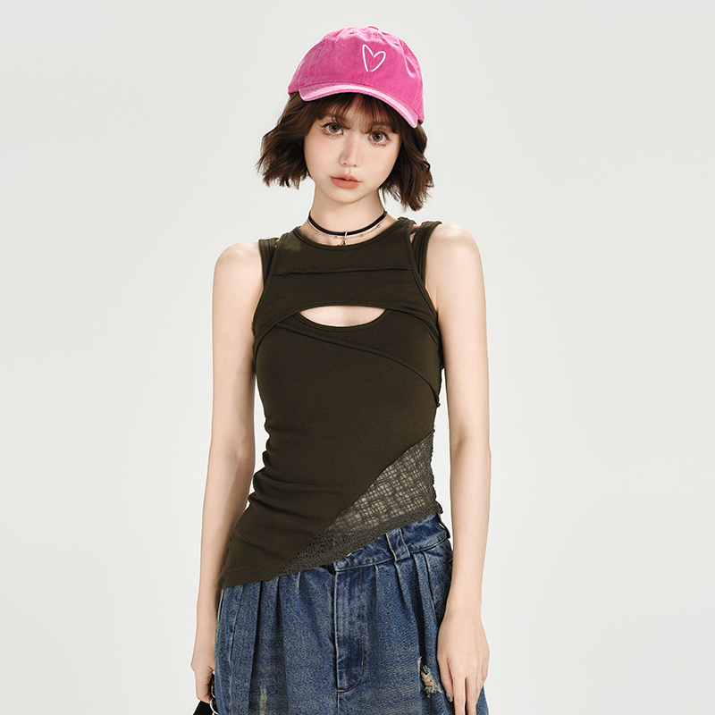 Vintage American Lace Hollow Two-Piece Vest for Women - Slim Fit Summer Top, Versatile Style for Girly Looks