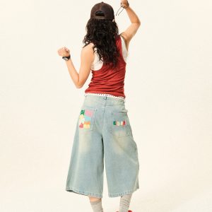 Vintage American Letter Embroidery Washed Denim Shorts for Women - Casual Loose Straight Cropped Pants, 90s Style
