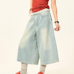 Vintage American Letter Embroidery Washed Denim Shorts for Women - Casual Loose Straight Cropped Pants, 90s Style