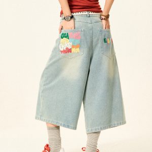 Vintage American Letter Embroidery Washed Denim Shorts for Women - Casual Loose Straight Cropped Pants, 90s Style