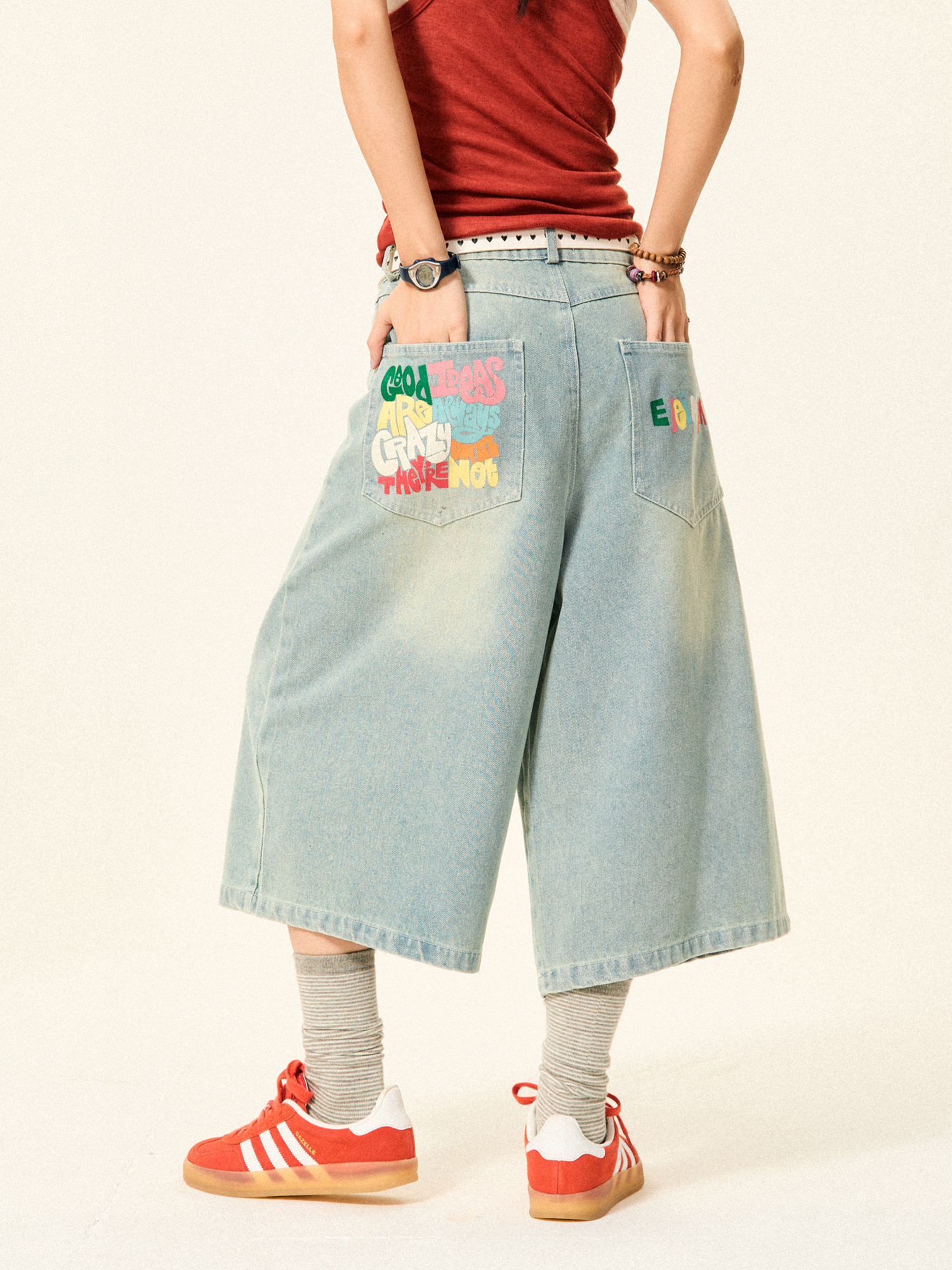 Vintage American Letter Embroidery Washed Denim Shorts for Women - Casual Loose Straight Cropped Pants, 90s Style Vintage American Letter Embroidery Washed Denim Shorts for Women - Casual Loose Straight Cropped Pants, 90s Style