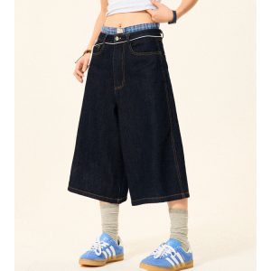 Vintage American Letter Embroidery Washed Denim Shorts for Women - Casual Loose Straight Cropped Pants, 90s Style