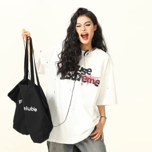 Vintage American Letter Print Heavyweight Unisex Short Sleeve T-Shirt - Versatile 90s Style Loose Fit Round Neck Tee