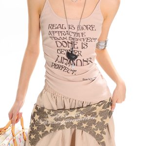 Vintage American Letter Print Irregular Slant Strap Tank Top - Y2K Style Casual Wear