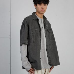 Vintage American Plaid Short-Sleeve Shirt for Men - Retro Workwear Style, Washed Summer Essential 2025