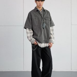 Vintage American Plaid Short-Sleeve Shirt for Men - Retro Workwear Style, Washed Summer Essential 2025