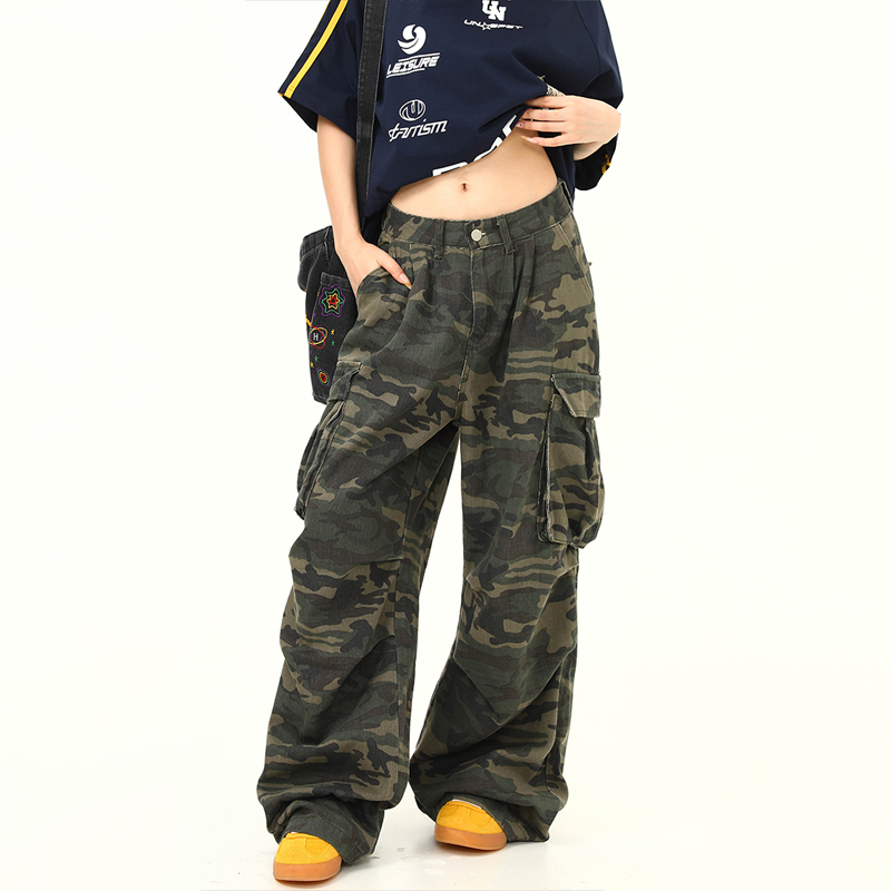 Vintage American Retro Camouflage Work Pants for Women, Washed Finish, Trendy Hip-Hop Street Dance Style