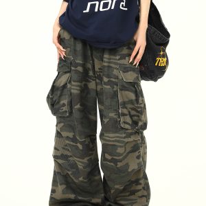 Vintage American Retro Camouflage Work Pants for Women, Washed Finish, Trendy Hip-Hop Street Dance Style