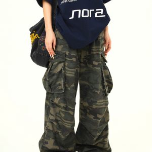 Vintage American Retro Camouflage Work Pants for Women, Washed Finish, Trendy Hip-Hop Street Dance Style