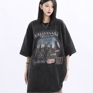 Vintage American Retro High Weight Short Sleeve Women's T-Shirt - Washed Heavy Fabric - High Street Style