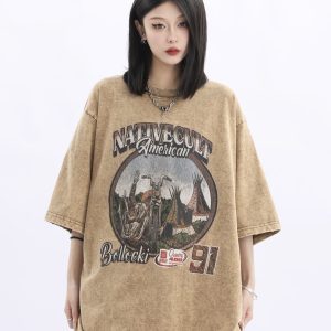 Vintage American Retro High Weight Short Sleeve Women's T-Shirt - Washed Heavy Fabric - High Street Style