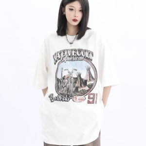 Vintage American Retro High Weight Short Sleeve Women's T-Shirt - Washed Heavy Fabric - High Street Style