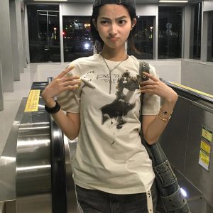 Vintage American Retro T-Shirt for Women with Fire Guitar Print, Short Sleeve Summer Style, Trendy Casual Top