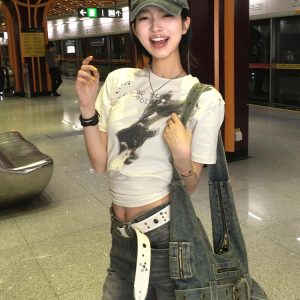 Vintage American Retro T-Shirt for Women with Fire Guitar Print, Short Sleeve Summer Style, Trendy Casual Top