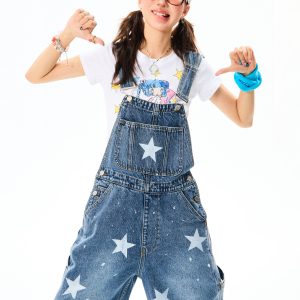 Vintage American Star Print Denim Overalls for Women - Casual Floor-Length Pants in 90s Style, Versatile Fashion Staple