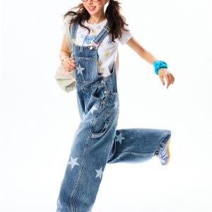 Vintage American Star Print Denim Overalls for Women - Casual Floor-Length Pants in 90s Style, Versatile Fashion Staple