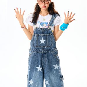 Vintage American Star Print Denim Overalls for Women - Casual Floor-Length Pants in 90s Style, Versatile Fashion Staple