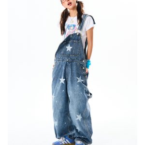 Vintage American Star Print Denim Overalls for Women - Casual Floor-Length Pants in 90s Style, Versatile Fashion Staple